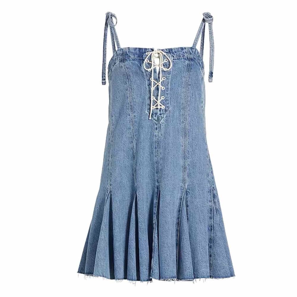 Re/done Flounce Denim Frayed Sleeveless Mini Dress Size Small Casual